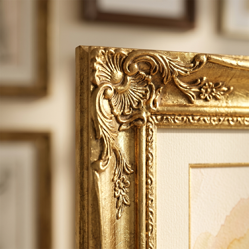 Detalhe de canto de moldura em perfil dourado com passe-partout creme · Atelier M8