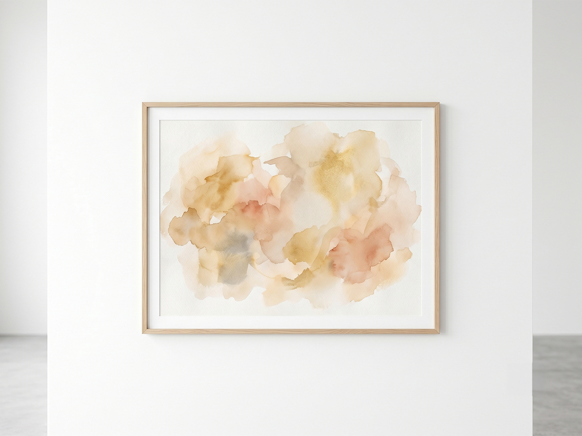 Obra de arte contemporânea em aquarela com moldura minimalista e vidro museológico